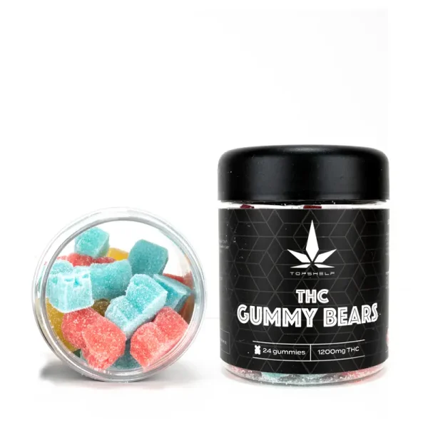 top shelf 1200mg thc gummy bear in a jar