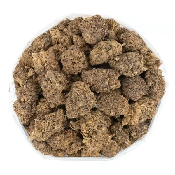 Berry-Cream-Puff-strain-closeup-in-bag-displaying-sticky-trichomes