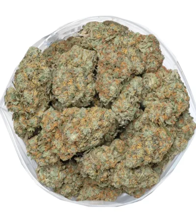 strawberry-romulan marijuana buds top view displaying beautiful pistils and shiny trichomes