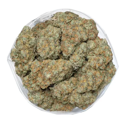 strawberry-romulan marijuana buds top view displaying beautiful pistils and shiny trichomes